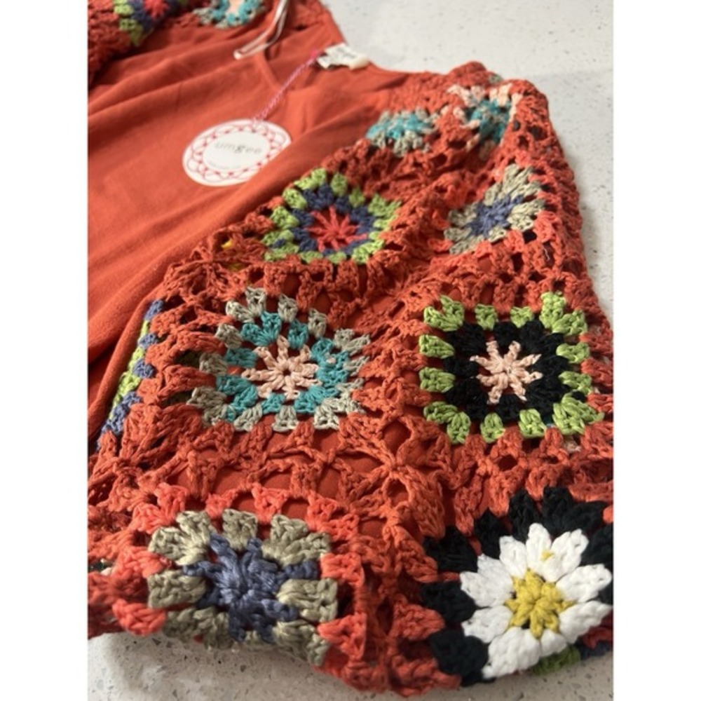 New😍 Umgee Sunset Crochet Granny Square Sleeve Boho Cottage Core Linen Blend M - Picture 5 of 9